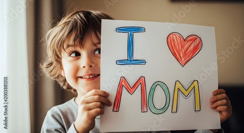child holding “I love mom” sign, minimal background
