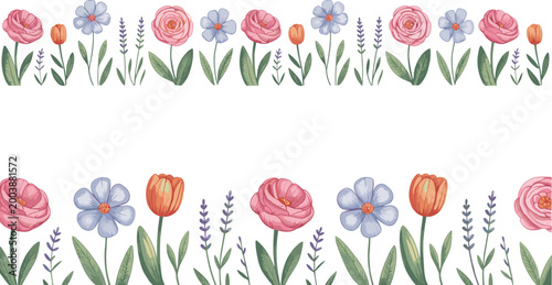 Floral border vector illustration set, watercolor flowers frame collection, decorative botanical elements, romantic design flat style