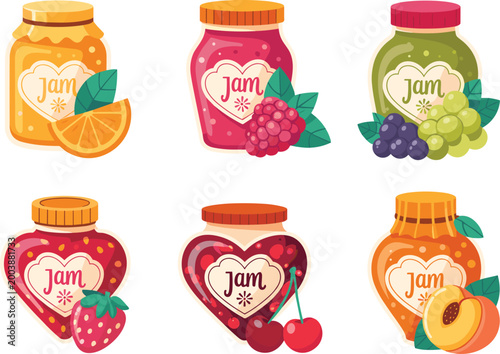 Fruit jam jar vector set, colorful preserves with berries and citrus, sweet homemade spreads illustration, packaging design elements