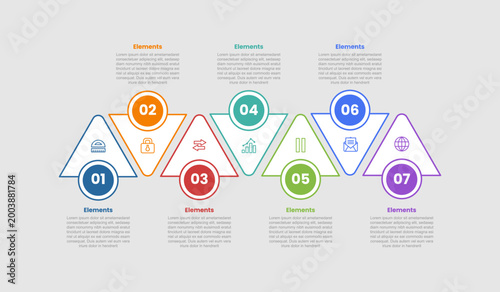 7 elements infographic comparison diagram with triangle upside down list with circle badge on horizontal direction with dot line style 7 step for slide presentation