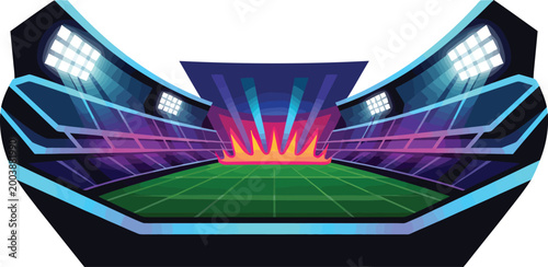 Sports Stadium with Floodlights and Spectator Stands During a Night Game Vector Illustration