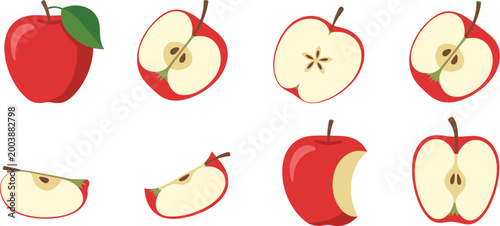 Red apple vector set, whole and sliced halves, seeds, fresh fruit illustration, isolated healthy food design
