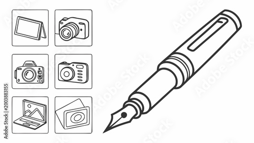 A vector graphic illustration of a fountain pen and various media icons including cameras and a laptop on a white background
