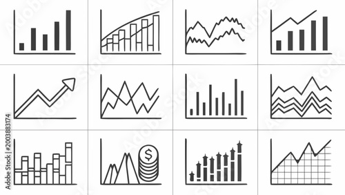 A collection of twelve black and white line art vector graphic icons depicting various financial and statistical charts and graphs on a white background
