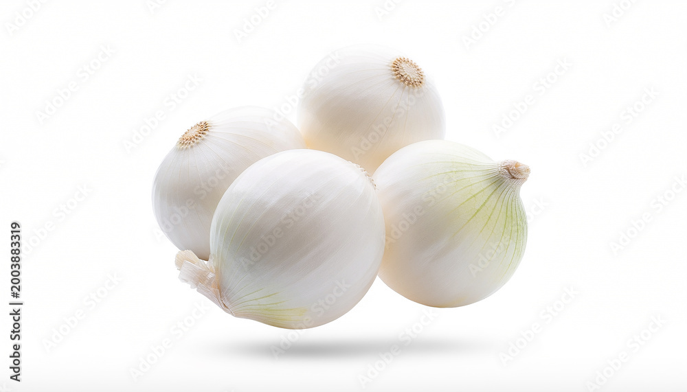 Fototapeta premium Fresh white onions isolated on white background, group of whole organic white onion bulbs