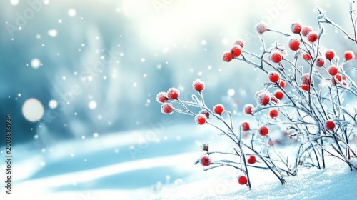 Berries covered in frost stand against a soft blurred background during a light snowfall in the winter season.
