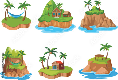Tropical island vector set, small islands with palm trees, huts and hammocks, ocean scenery illustration, summer travel design elements