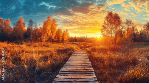Wooden walkway stretches through a golden autumn meadow towards the horizon during a vibrant sunset at dusk.