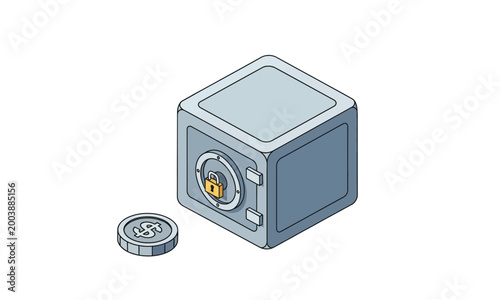 Illustration of a closed metal safe with a locked dial and a single coin next to it, representing security and wealth
