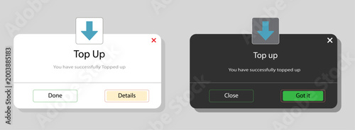 Success top up confirmation popup screens with light and dark mode ui elements. featuring download arrow icon and action buttons for mobile application interface design vector.