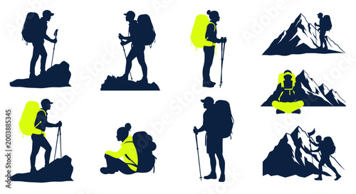 Hiking Silhouette Collection: Mountain Climbers and Backpackers in Action