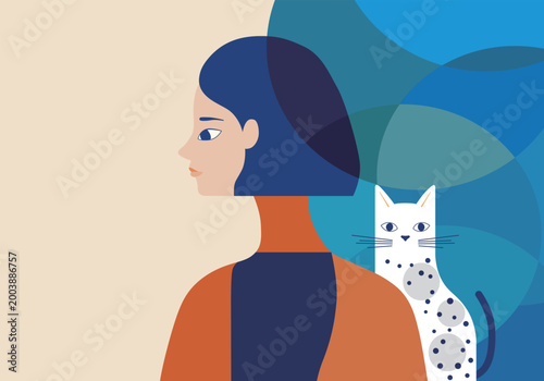 考える女性と見守る猫の静かなアートイラスト