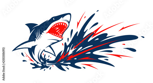 Aggressive Shark Jumping Out of Water with Splashes, Red and Blue Colors