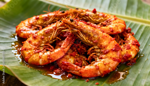 Spicy Shrimp Curry with Chili in Clay Bowl
