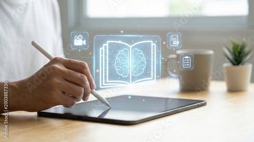 Student using stylus on tablet for e-learning with futuristic AI brain and digital book hologram.