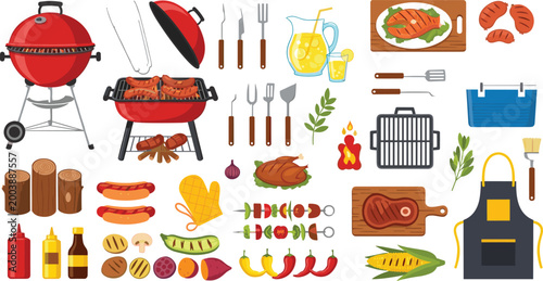 Barbecue Grilling Tools, Food, and Sauces with Steaks, Sausages, and Vegetables for Outdoor BBQ Cooking and Summer Party Illustrations