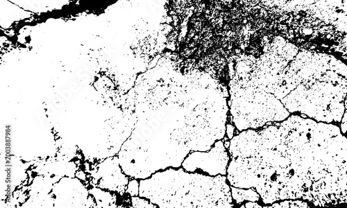 Black and white grunge cracked concrete texture overlay with deep fractures granular damage and distressed stained surface on white background