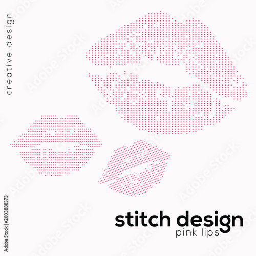 Stitch Design Pink Lips — Cross Stitch Embroidery Kiss Mouth Pattern Vector Illustration