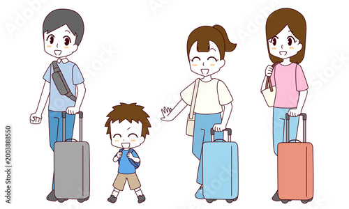 旅行に出かける4人家族のイラスト