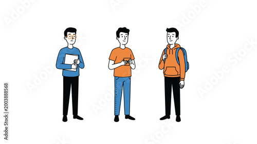 Three Young Men Illustration: Students, Communication, and Education Concept