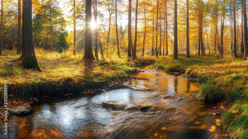 Forest stream flows gently through a vibrant autumn woodland landscape during a bright golden hour of the day.