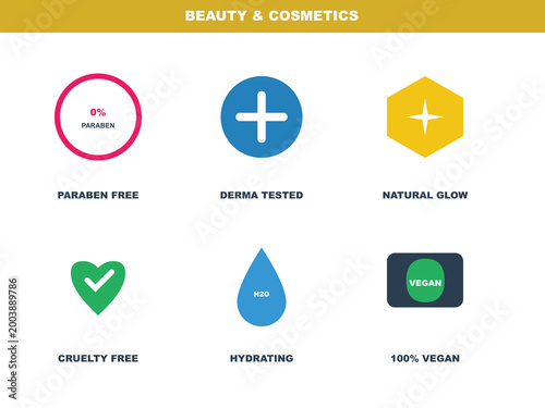 Beauty and cosmetics icon set, paraben free and vegan skincare labels, flat vector collection of 6 product quality badges for packaging design