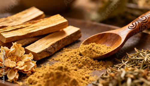Rustic Herbal Powder with Wooden Spoon and Dried Flowers
