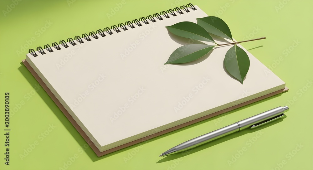 Fototapeta premium Spiral notebook with pen and green leaves on a light green background