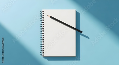 A spiralbound notebook with a black pencil resting on top, set against a solid light blue background with soft natural lighting and shadows