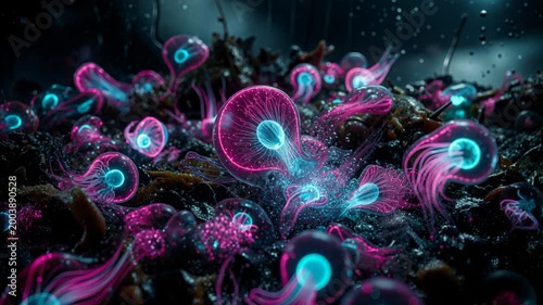 Bioluminescent organisms glowing in a surreal dark environment, alien lifeforms illuminating a deep sea habitat.