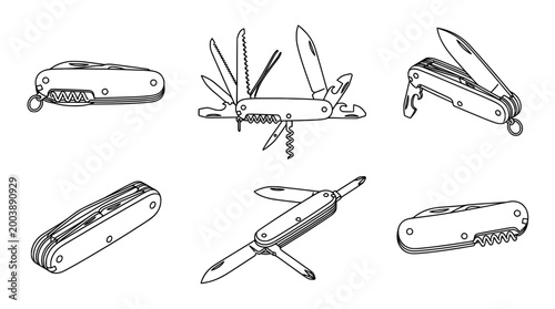 Versatile line art collection of multi-tool pocket knife designs.
