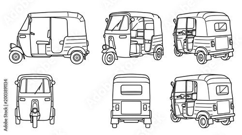 Set of minimalistic tuk-tuks in line art vector outlines.