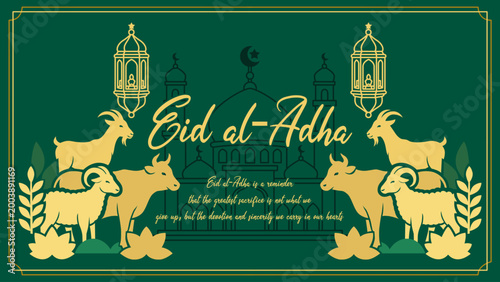 Eid al-Adha, a sophisticated emerald and gold vector artwork featuring silhouettes of mosques, decorative lanterns, and sacrificial animals, honors the sincerity and devotion of this Grand Festival.