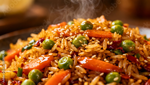 Steaming Fried Rice with Vegetables and Cilantro
