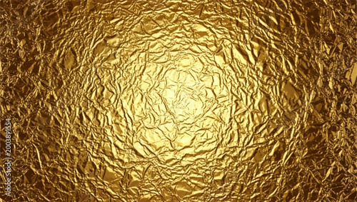 Gold foil background with shiny metallic texture and glitter pattern - glossy golden glass surface with reflective wrinkled effects. Luxury abstract gradient backdrop for celebration premium design