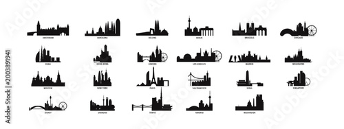 Best global cities index - vector logo, icon set with city skylines of New York, London, Paris, Tokyo, Beijing, Amsterdam, Singapore, Los Angeles, Sydney, Hong Kong, Chicago, Dubai and more