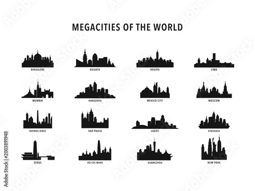 Megacities city skyline vector icons set: Bangalore, Kolkata, Bogota, Lima, Mumbai, New York, Mexico City, Moscow, Buenos Aires, Sao Paulo, Seoul, Ho Chi Minh