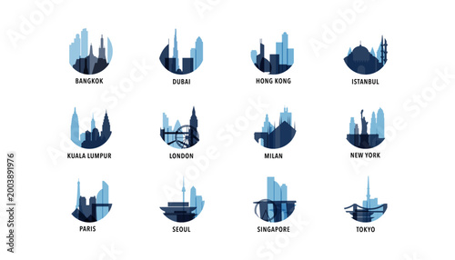 Most visited cities index. Vector logos, icon set for infographics, web design, presentation. City skyline of Istanbul, Tokyo, Dubai, London, Hong Kong, Bangkok, New York, Seoul, Milan