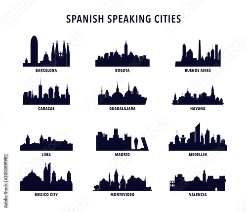 Spanish speaking cities index  - vector logos, icon set with city skylines of Buenos Aires, Mexico City, Barcelona, Madrid, Bogota, Lima, Guadalajara, Montevideo, Valencia, Havana, Caracas, Medellin