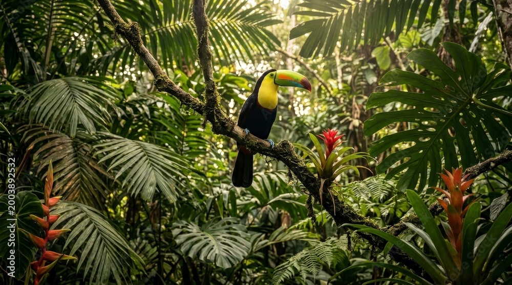 Fototapeta premium Toucan perched on a branch in a lush rainforest