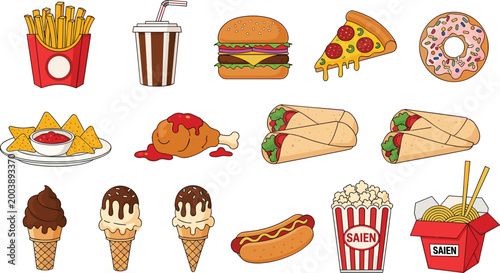 фотографія Fast Food and Snack Items Including Fries, Burgers, Pizza, Ice Cream, Donuts, an