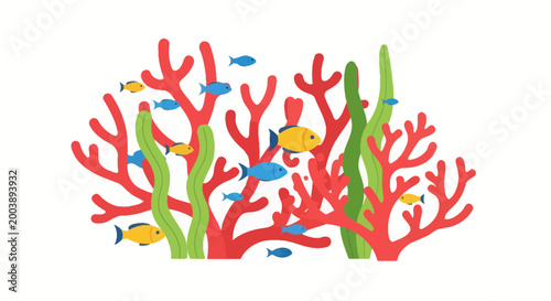 Fotografía Coral Reef With Small Fish Swimming Underwater - Colorful Marine Life Illustrati