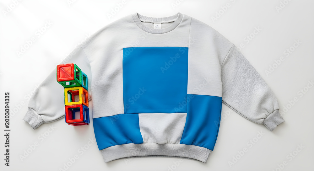 Fototapeta premium White sweatshirt with blue color blocking and lego bricks nearby
