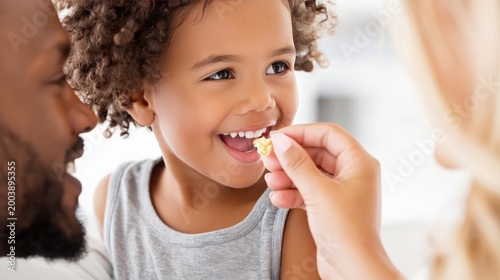 Happy Little Girl with Curly Hair Being Fed a Snack by her Parents in a Bright Domestic Setting, Multiracial Family Bonding Moment