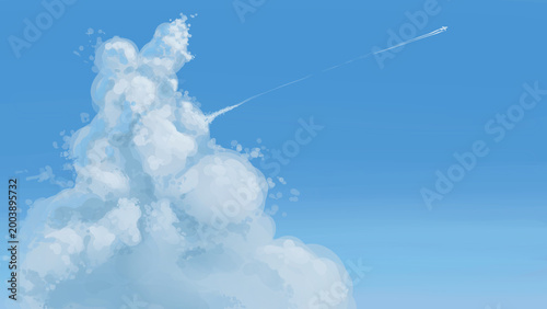 Bild auf Leinwand Summer blue sky with cumulonimbus clouds and contrail, hand-drawn illustration /