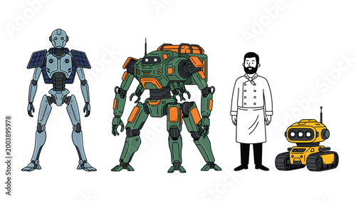 Diverse Robot and Human Lineup Illustration: Future Technology, AI, Mech, Android, and Chef Characters