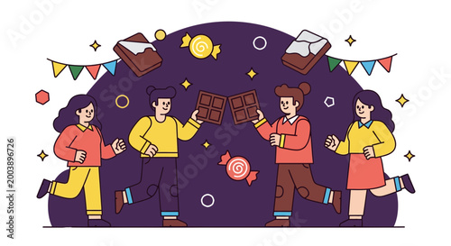 People celebrate Chocolate Day with joyful friends in festive decorations