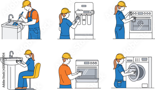 Vector Illustration of a Female Technician Repairing Appliances Including Washing Machine, Oven, and Sink for Home, Repair, and Service Designs