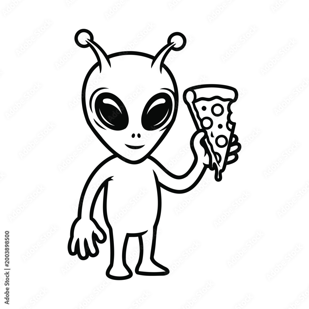 Fototapeta premium Friendly alien enjoying a slice of pizza black and white illustration