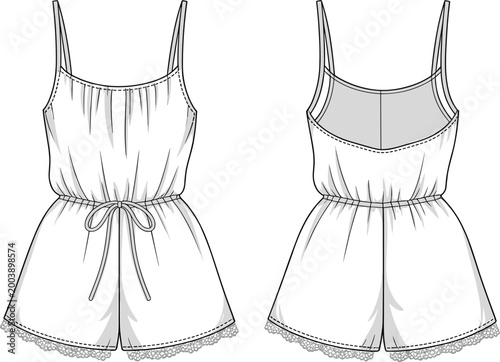 Bild auf Leinwand Technical vector illustration of women's romper, camisole top with shorts, front